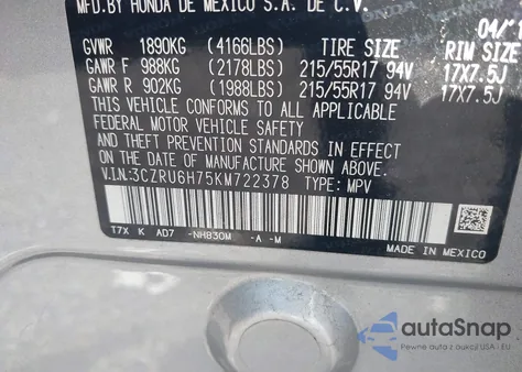 2019 Honda Hr-V Ex-L from USA, damaged, VIN 3CZRU6H75KM722378